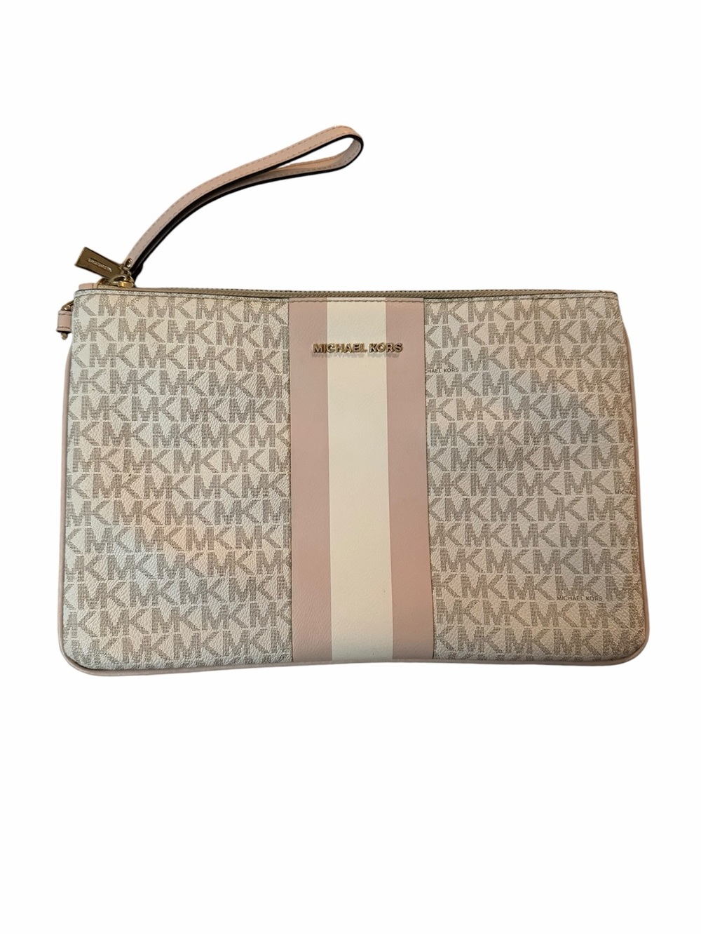 🌟Michael Kors Beige & Pink Stripe Signature Large Wristlet Preppy Classic